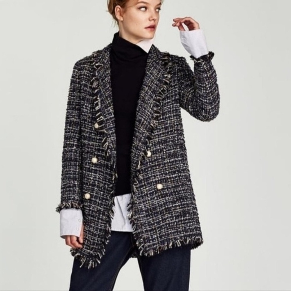 Zara Metallic Tweed Long Blazer Jacket Coat Glitter Tread Multi Boucle Size S
